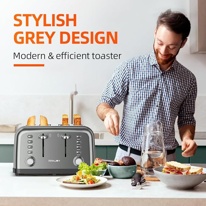 Grey Toaster 4 Slice, Dual Independent Controls, Extra Wide Slot Toasters for Bagel, Bread, Waffles, 7 Shade Settings, 4 Main Functions, Removable Crumb Tray, 1500 Watts, Grey Stainless Steel