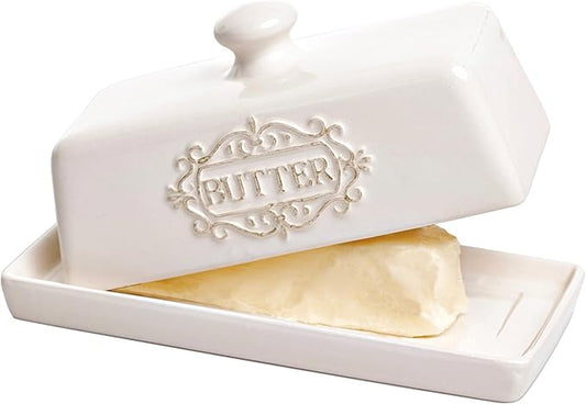 Covered Butter Dish with Lid - Elegant Engraved Butter Holder with Lid - Ceramic Butter Stick Holder Tray Holds Any Size Stick - Decorative Butter Keeper Container for Countertop & Fridge - 7.7" x 4"