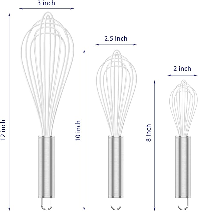White Silicone Whisk, Professional Whisks For Cooking Non-Scratch, Stainless Steel & Silicone Wisk, Plastic Rubber Whisk Tool For Nonstick Cookware Pans, BPA free, Silicon Wisks Set of 3