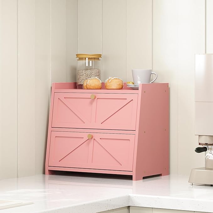 Vintage Double Layer Bread Box for Kitchen Counter Bamboo Bread Storage Container Large Capacity Bread Storage Bin (Pink)