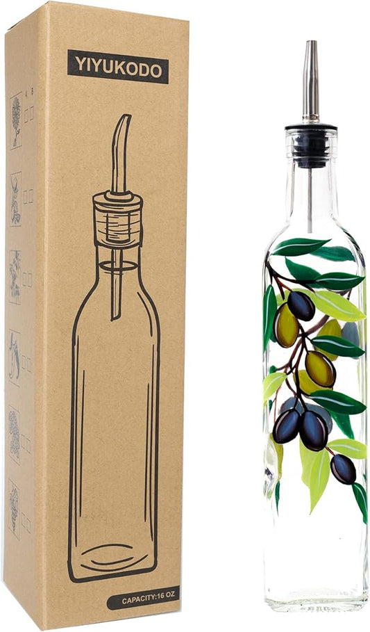 17oz Hand Painted Glass Olive Oil Bottle Dispenser - 500ml Green Oil & Vinegar Cruet with Pourers - Olive Oil Carafe Decanter for Kitchen (olive2)