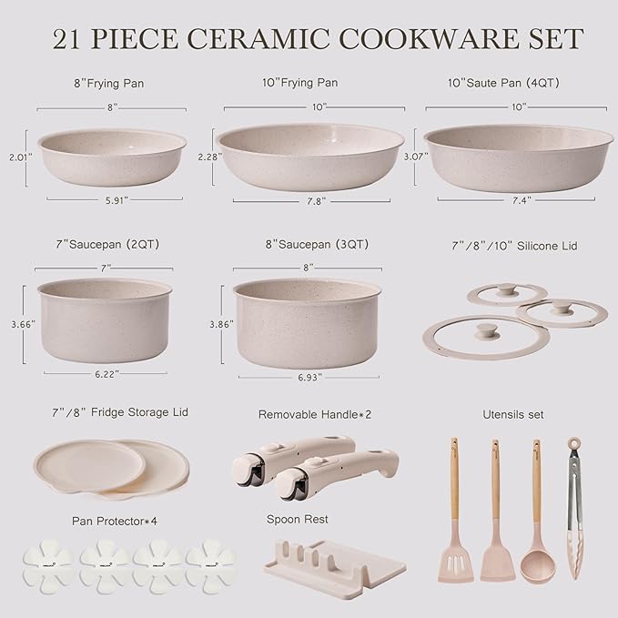Pots and Pans Set Healthy Non toxic Non Stick Ceramic Cookware Set 21 Pcs Detachable Handles, Oven Safe, Induction Dishwasher, Stackable Frying Pan (PFOS, PFOA Free),Taupe