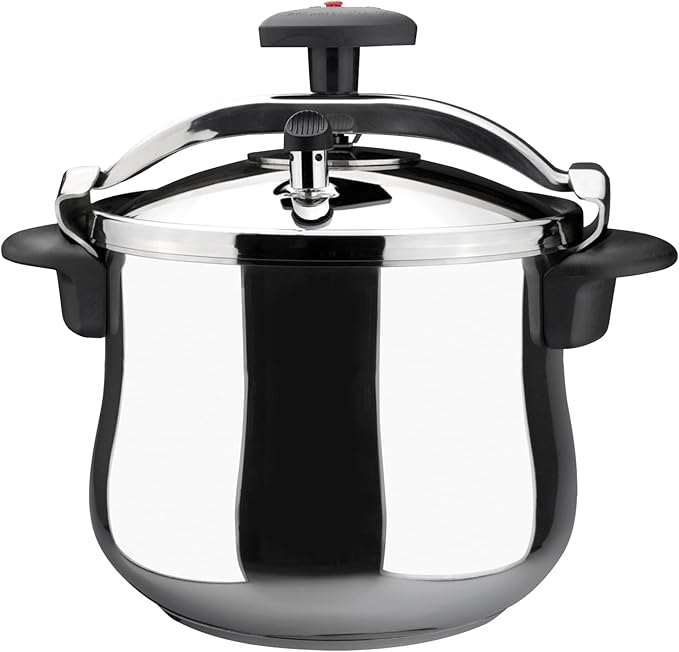 MAGEFESA Star Belly Pressure Cooker 8.4 Qt – 18/10 Stainless Steel, Rounded Bottom, 3 Safety Systems, Works on All Stovetops Including Induction, 8 PSI