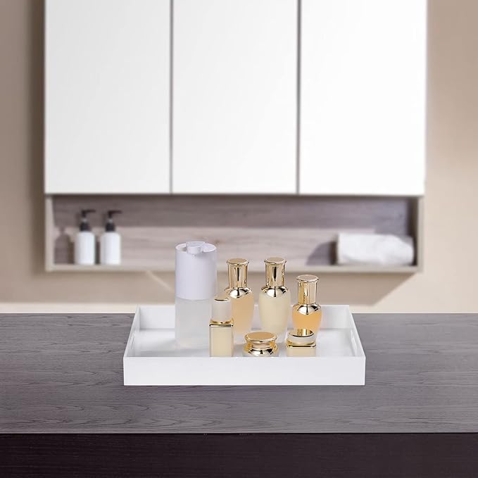 Modern Acrylic Ottoman Tray with Cutout Handles. Acrylic Serving, Organizer Decorative Tray. for Living Room, Bedroom,Bathroom and Kitchen Tabletop (White, 11x14 Inch)