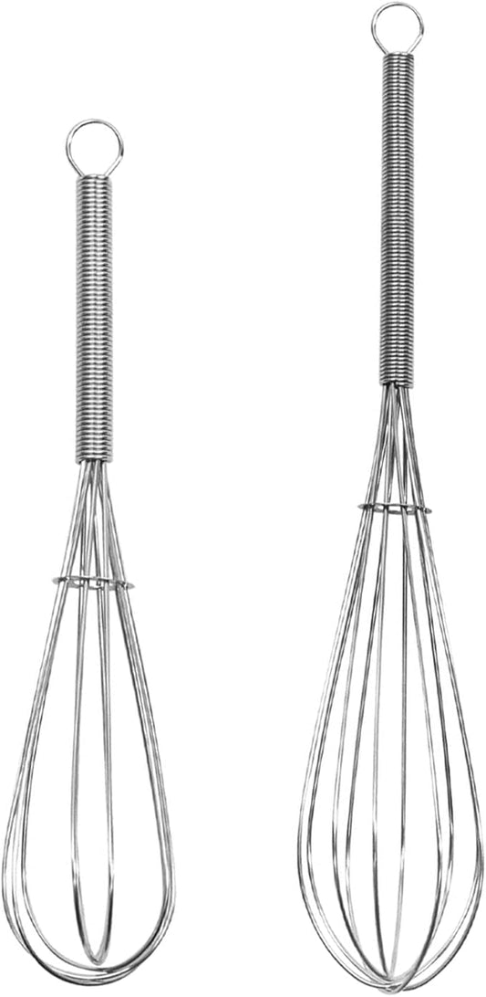 Mini Whisk 2-Pack - 8 & 10 Inch 304 Stainless-Steel Wire Whisks for Cooking, Baking, Eggs & Sauces (Heavy-Duty Ergonomic Spiral Handle, Silver)
