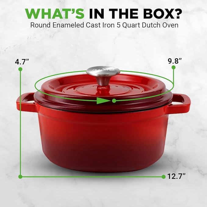NutriChef Enameled Cast Iron Dutch Oven-5-Quart Kitchen Round Dutch Oven Stovetop Casserole Cookware, Porcelain Enamel Coated Cast-Iron Baking Pots w/ Self Basting Lid-NCCIEC45(Red),Medium