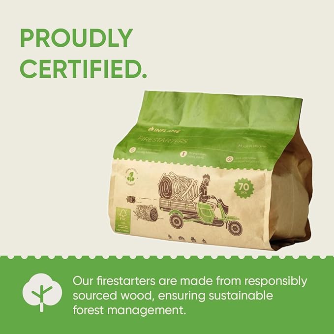 Inflame Fire Starters 70 pcs Fire Starters for Campfires, Grill, BBQ, Fireplace, Woodstove - Charcoal Starter - Waterproof, Weather-Resistant - Natural Wood Fireplace Starters