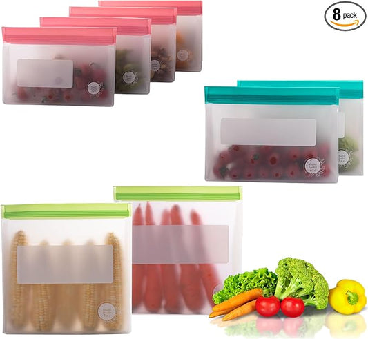 Reusable Silicone Food Storage Bags 8-Pack – BPA-Free Freezer & Dishwasher Safe, Leakproof Stand-Up Snack Bags 2 Gl + 2 L, 4 M– Eco-Friendly Airtight Ziplock Bags for Kitchen & Travel(Multicolor)