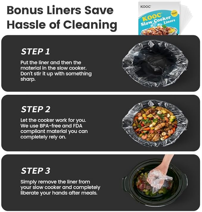 KOOC Triple Slow Cooker Buffet Server and Food Warmer 3x1.5 Quart Individual Temp Control With Lid Rests & Spoons With Liners Included Grey