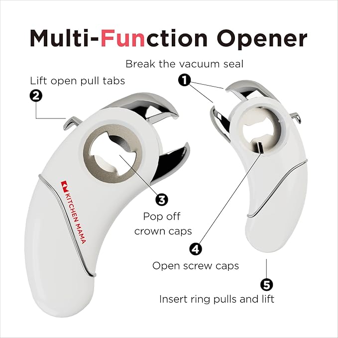 Kitchen Mama Epic One Multifunction Opener: A Pick Ergonomic Opener- Magnetic Bottle Opener, Beer & Soda Can Opener, Pull Tab & Jar Opener for Weak Hands and Arthritis (White)