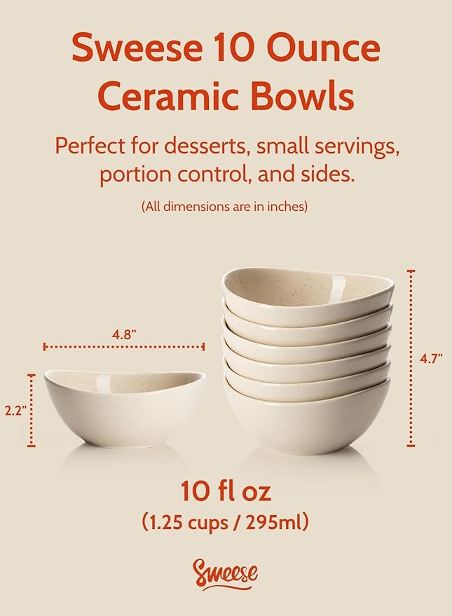 Sweese 5 Inch Porcelain Small 10 oz Bowls Set of 6, for Dessert | Ice cream | Soup | Rice | Fruits | Small Portions - Microwave, Dishwasher, and Oven Safe - Beige