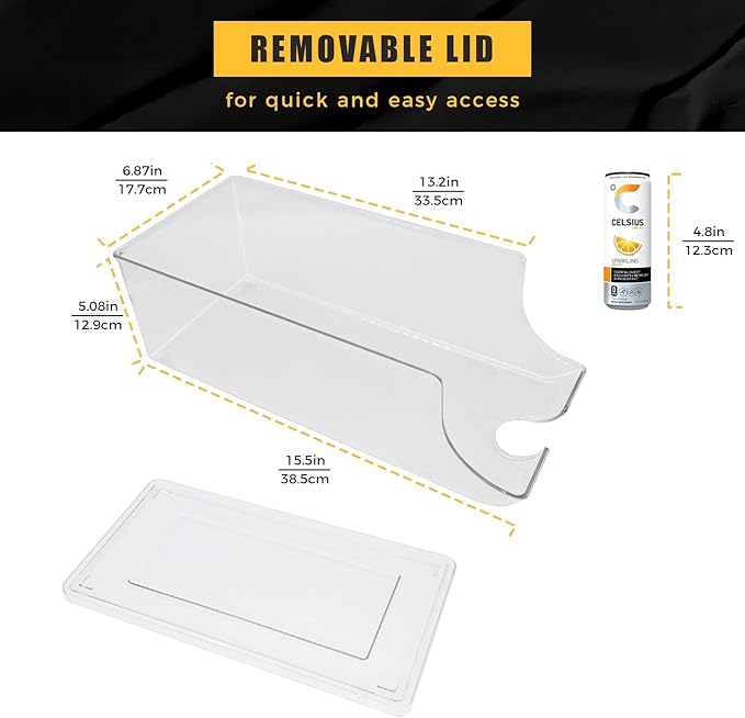 Skinny Can Organizer for Refrigerator, Stackable Tall Skinny Soda Pop Can Holder Dispenser with Lid for Fridge Pantry Rack Freezer, Clear Plastic Storage Bins-Holds 12 Slim Cans (See-through)