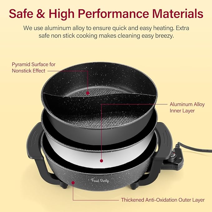 Food Party Electric Hot Pot with Divider Hotpot Pot Electric Hopot Cooker Shabu Shabu Pot 110V 1200W Non-Stick 6-Quart BPA FREE Fondue Chinese Hot Pot