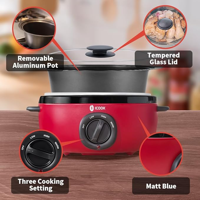 ICOOK USC-35-OP001RD 3.5 Quart Slow Cooker,Aluminium Sear/Sauté Stew Pot Stovetop safe,Dishwasher Safe,Glass Lid,Adjustable Temp,Food Warmer,Red
