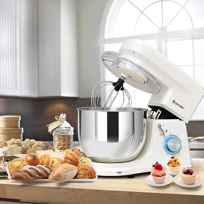 COSTWAY Stand Mixer, 7.5-Quart 660W 6-Speed Electric Mixer with Stainless Steel Bowl, Tilt-head Food Mixer with Dough Hook, Beater, Whisk (White)