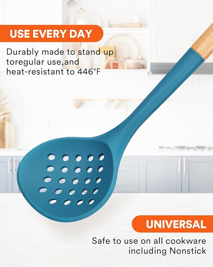 Kitchen Ladle Strainer, Large Slotted Spoon with High Heat Resistant BPA Free, Non Stick Cooking Skimmers For Draining & Frying, 13.2inch (Khaki & Blue)