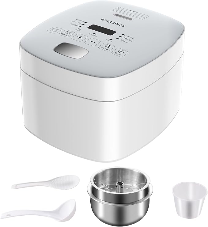 Novaspark Low Carb Rice Cooker Stainless Steel Inner Pot, Mini Stainless Steel Rice Cooker Small 5 Cup, LED Display Low Sugar Rice Maker, 24H Timer and Auto Keep Warm, White Rice/Porridge/Oatmeal, White