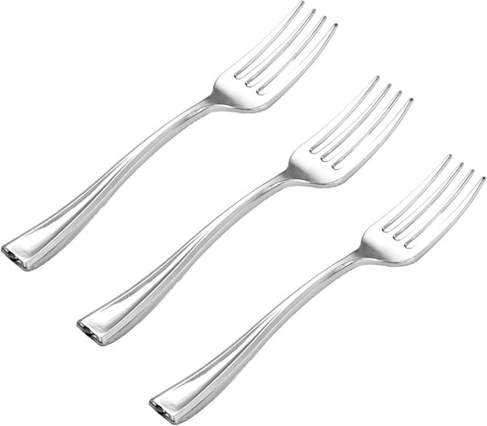WDF 300 Pieces Silver Plastic Mini Forks 4 Inches Silver Plastic Forks Heavy Duty Plastic Tasting Forks Perfect for Small Appetizers and Desserts
