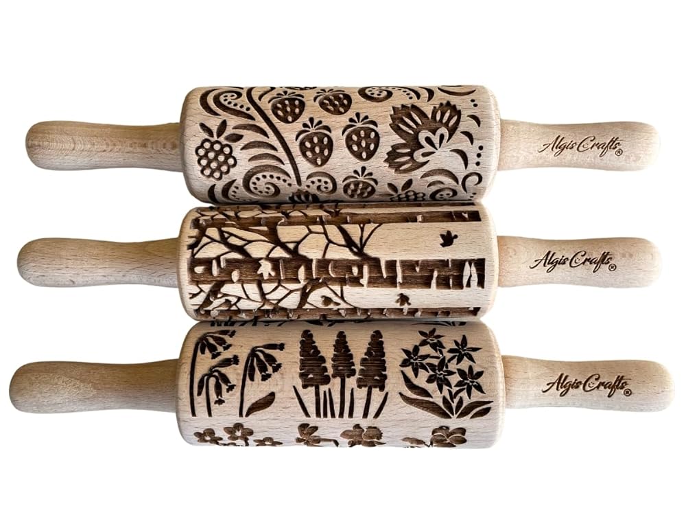 SEASONS 3 Mini Embossed Rolling Pin Set. Wooden Laser Cut Mini Rolling Pins for cookies or clay with spring flowers, tulips, daffodils, strawberries, raspberries, birch, trees by Algis Crafts