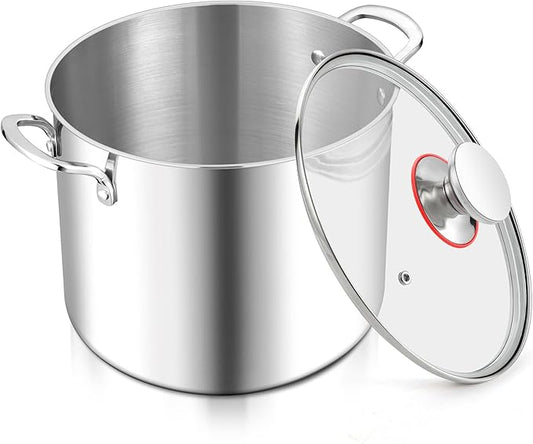 E-far 10 Quart Stock Pot, Large Tri-Ply Stainless Steel Soup Pot with Glass Lid and Riveted Handles, Tall Induction Cooking Pot for Canning/Simmering/Stewing, Heavy Duty & Dishwasher Safe
