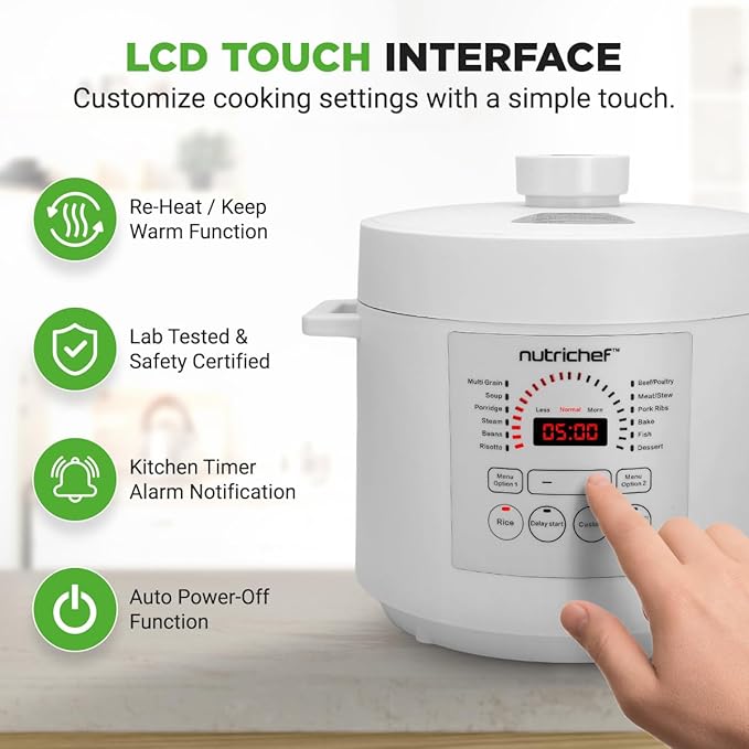 NutriChef Electric Pressure Cooker 6 Quart Capacity | 9 Function Digital Countertop Pressure Cooker | Adjustable Time & Temperature | Cook, Bake, Steam, Broil, & Braise | 13.1 x 11.4 IN | White