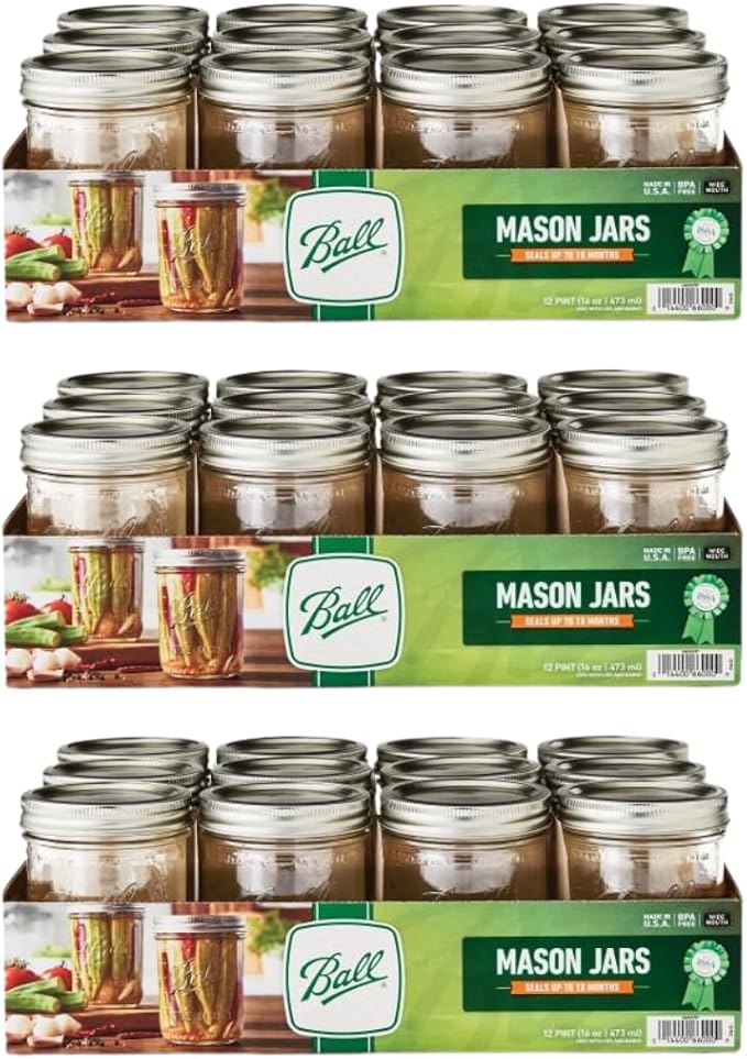 Ball Wide Mouth Glass Mason Jars with Lids and Bands, Used for Canning, Pickling, Juice, Jam, Jelly, Pint Size 16 Ounce (Pack of 36)