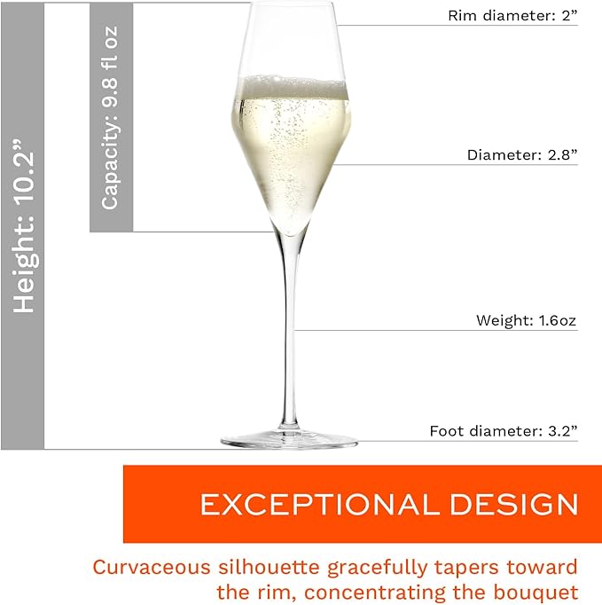 Stölzle Lausitz Set of 4 Glass Champagne Flutes (QUATROPHIL). Dishwasher Safe Lead-Free Crystal Champagne Glasses (10.25Fl oz) Break-Resistant Mimosa Glasses, Mimosa Flutes - Genuine Stölzle Glassware
