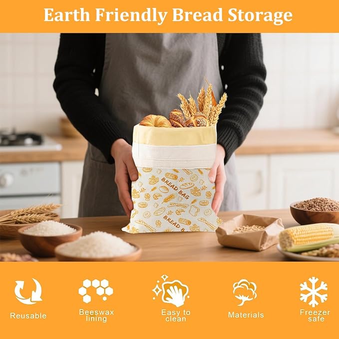 2 Pack Reusable Beeswax Bread Bags for Sourdough,Reusable Cotton Beeswax Bag for Homemade Bread,Freezer-Friendly&Freshness Preservation Storage to Keep Fresh 17x13in