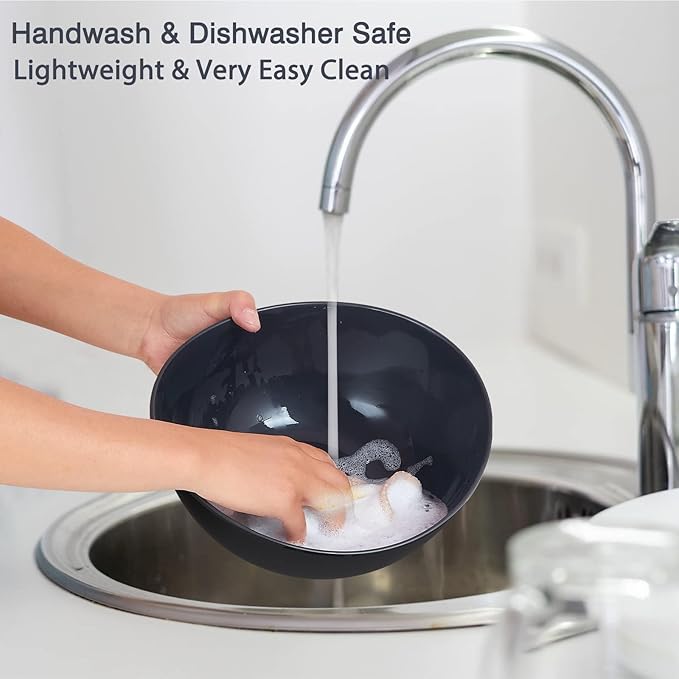 9.6'' Serving Bowls, 84oz Bamboo Fiber Salad Set of 4, Large for Kitchen, Deep Oval for Salad, Vegetable, Fruit, Pasta, Ramen, Lightweight & Easy to Clean (Matte Black)