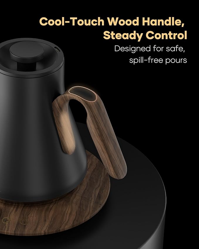 Cocinare FLOW B9 Gooseneck Electric Kettle, Precise Temperature Control for Pour-Over Coffee & Tea Brewing, Stainless Steel Interior, Rapid Heating for Boiling Water 1500W/0.9L (Black Wooden)