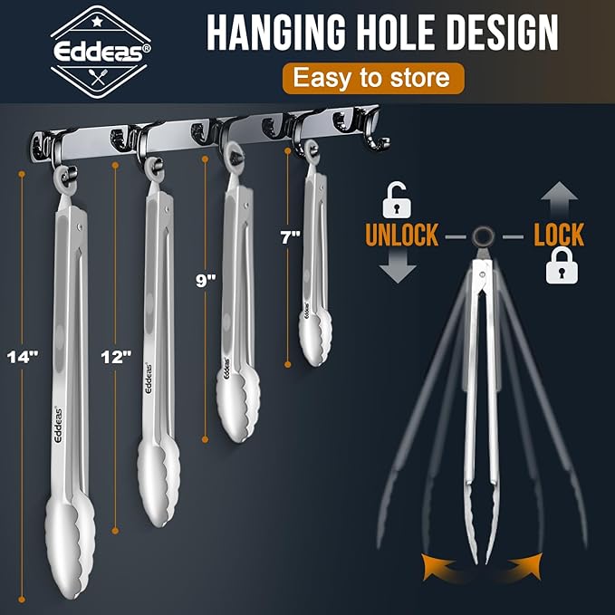 Tongs For Cooking - Heat Resistant 600 Degrees Metal Kitchen Tongs, Heavy Duty Stainless Steel Tongs - Perfect for Food, BBQ Set of 4, 7-9-12 &14 inch Grey