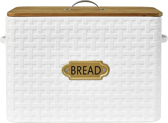 Extra Large Space Saving Farmhouse Bread Box With Wood Lid - Vertical Breadbox Bread Storage Bin Holder for Kitchen Countertop, White