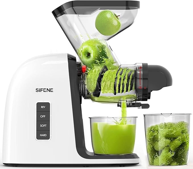 SiFENE Slow Masticating Juicer Machine, Dual 3" Wide Mouth, Anti-Clog Function, Wheatgrass, and Fruit Juice Extractor Maker. Easy to Clean & Non-BPA, White