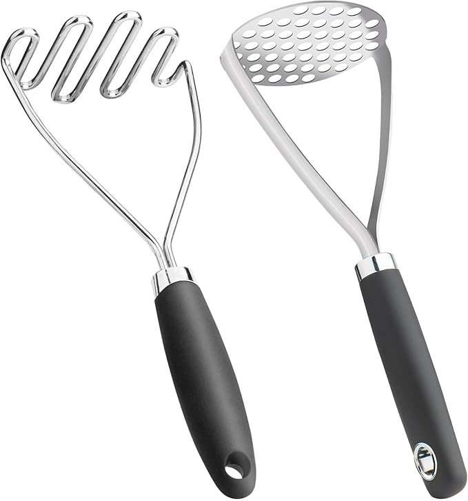 Potato Masher Set of 2 Pieces, 10.25-Inch Stainless Steel Wire Mashed Potato Masher, Kitchen Gourmet Making Tools Professional Integrated Honeycomb, For Vegetable, Fruit, Melon, Potato Etc, Black