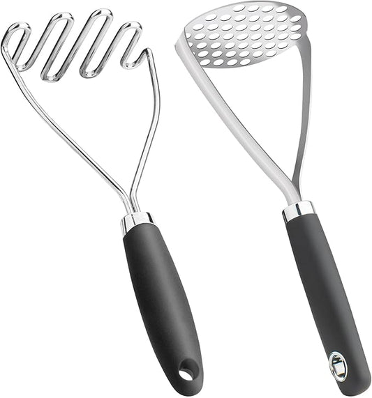Potato Masher Set of 2 Pieces, 10.25-Inch Stainless Steel Wire Mashed Potato Masher, Kitchen Gourmet Making Tools Professional Integrated Honeycomb, For Vegetable, Fruit, Melon, Potato Etc, Black
