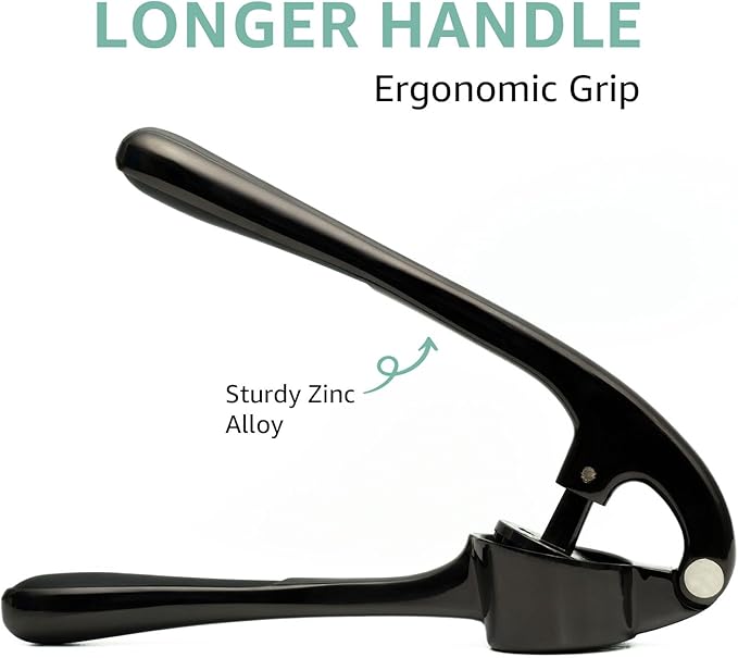 GD Garlic Press Crusher Mincer Tool - Stainless Steel Garlic Press, Dishwasher Safe & Rust Proof, Easy-Squeeze Garlic Crusher with Ergonomic Handle - Includes Silicone Peeler & Brush (Black)