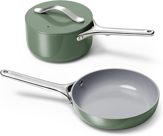 Caraway Mini Cookware Set - Non-Stick Ceramic Fry Pan (1.05 qt, 8") Sauce Pan (1.75 qt) & Storage Rack - Non Toxic, PTFE & PFOA Free - Oven Safe & Stovetop Agnostic (Gas, Electric & Induction) - Sage