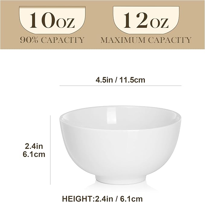MALACASA Small White Bowls Set of 8, 10 Oz Ice Cream Bowls - Little Ceramic Bowls for Bouillon,Side Dishes, Dessert, Oatmeal, Fruit, Portion Control - Dishwasher & Microwave Safe.