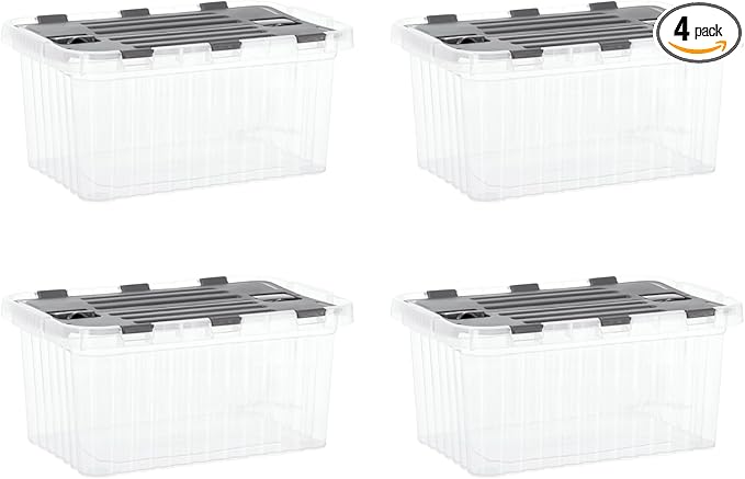 Superio Clear Storage Boxes with Attached Lids, Plastic Container Bins with Hinged Lids for Organizing, Stackable Crates, BPA Free, Non Toxic Organizers (4 Pack, 17"x11.65"x8.75")