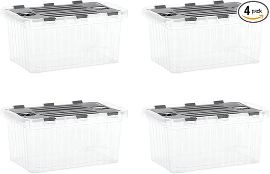 Superio Clear Storage Boxes with Attached Lids, Plastic Container Bins with Hinged Lids for Organizing, Stackable Crates, BPA Free, Non Toxic Organizers (4 Pack, 17"x11.65"x8.75")