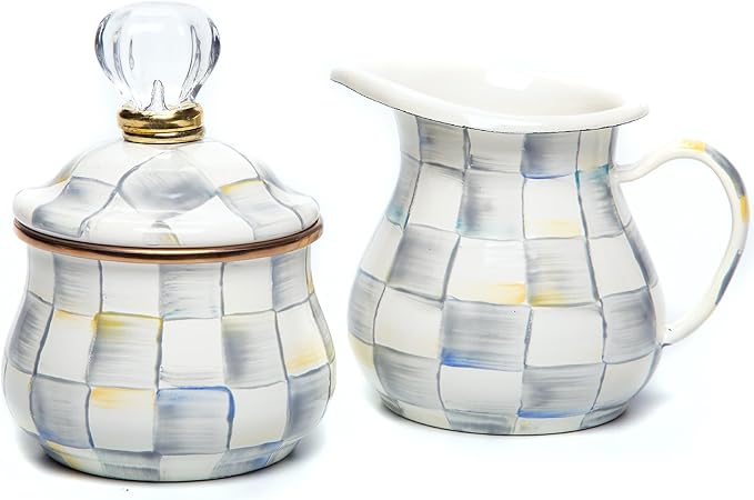 MACKENZIE-CHILDS Enamel Creamer and Sugar-Bowl Set, Cream Dispenser and Sugar Holder, Unique Kitchen Decor, Gray-and-White Sterling Check