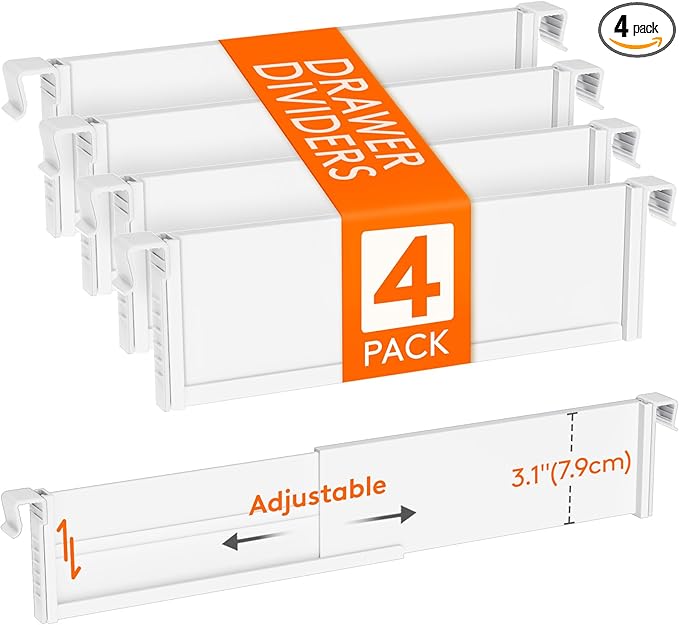 Lifewit Hanging Kitchen Drawer Dividers 3.1" High, 10-17" Adjustable Drawer Organizers for Utensils, Expandable Dresser Separators in Kitchen/Bedroom/Bathroom/Vanity/Office, White(4 Pack)