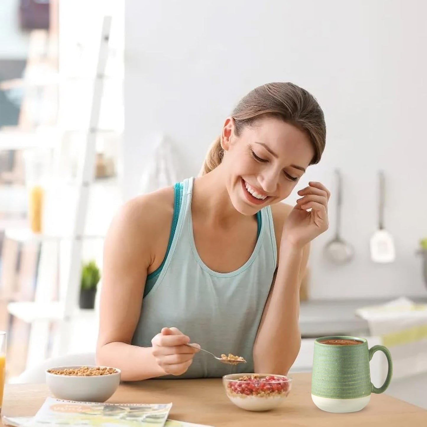 Hasense Porcelain Coffee Mugs Set of 4, 15 Oz Large Coffee Cups, Latte Cup with Handle, Tea Mugs for Men and Women, Modern Coffee Mug for Cappuccino, Milk, Cocoa, Microwave & Dishwasher Safe, Green