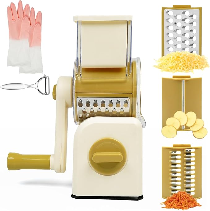 3 in 1 Cheese Grater, Rotary Cheese Grater with Handle for kitchen, Vegetable Slicer with 3 Replaceable Stainless Steel Blades,Peeler and Rubber Gloves (White)