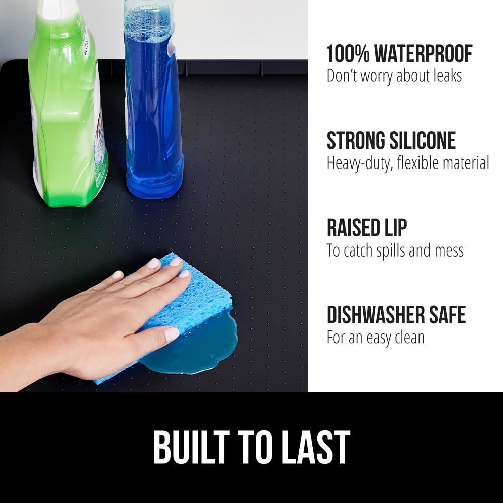 GORILLA GRIP Waterproof Silicone Under Sink Mat with Raised Lip for Kitchen and Bathroom, Cabinet Shelf Liner Stay in Place Mats Dishwasher Safe Drawer Liner, Organizer Tray, 19 x 34 in, Black
