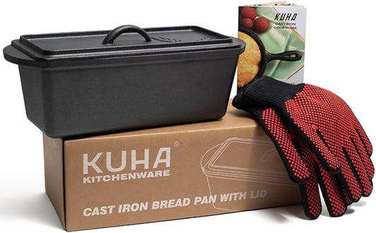 KUHA Cast Iron Bread Loaf Pan with Lid + Heat Resistant Gloves - Pre-Seasoned Cast Iron Bread Pan with Handles - Oven-safe bread pans for homemade bread - Ideal Loaf Pans for Campfire or Home Kitchen