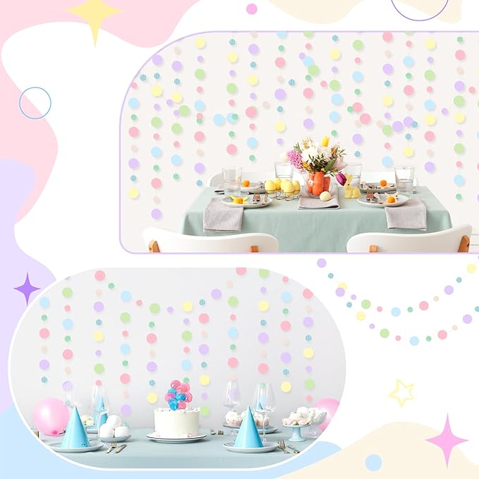 Outus 10 Pieces Colorful Dots Paper Garland Round Glitter Garland Hanging Confetti Streamers Backdrop Decoration for Birthday Classroom Candy Sprinkles Trunk or Treat Party (Pastel)