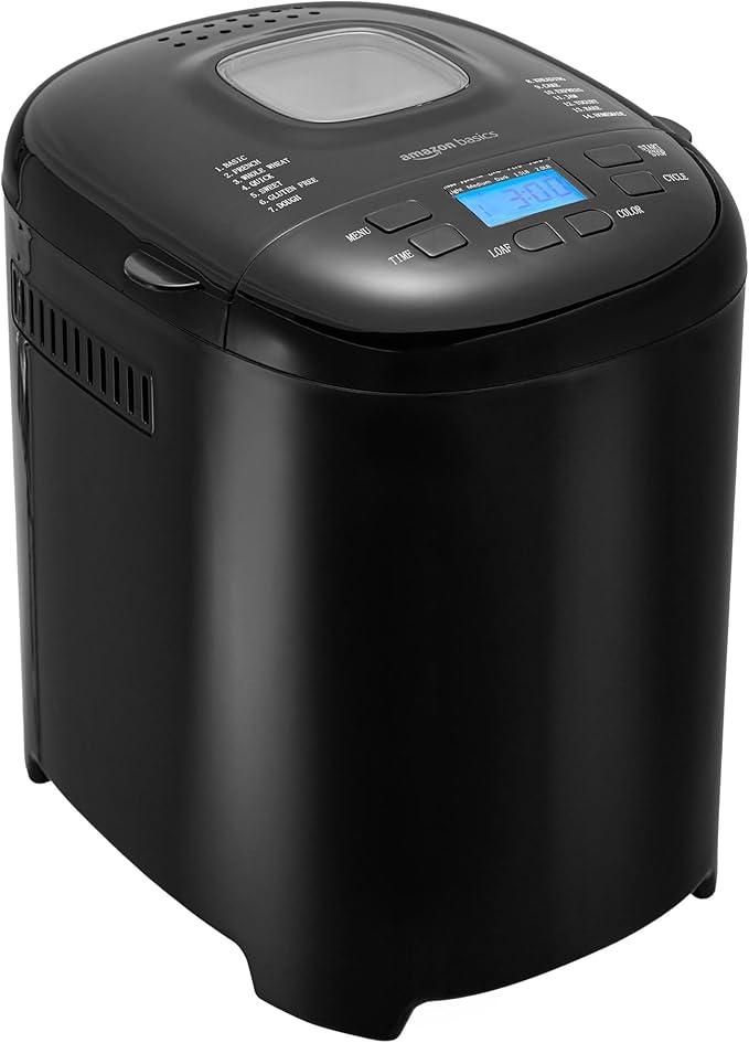 Amazon Basics Programmable Bread Maker, 2 Pound Non-Stick Automatic Bread Making Machine, 14 Settings for Breads, Doughs, Gluten-Free Options and More, LCD Display, Black