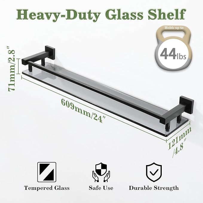 Alise Bathroom Shelf Wall Mounted, Matte Black Large Capacity Glass Shelf for Bathroom, 24 inch