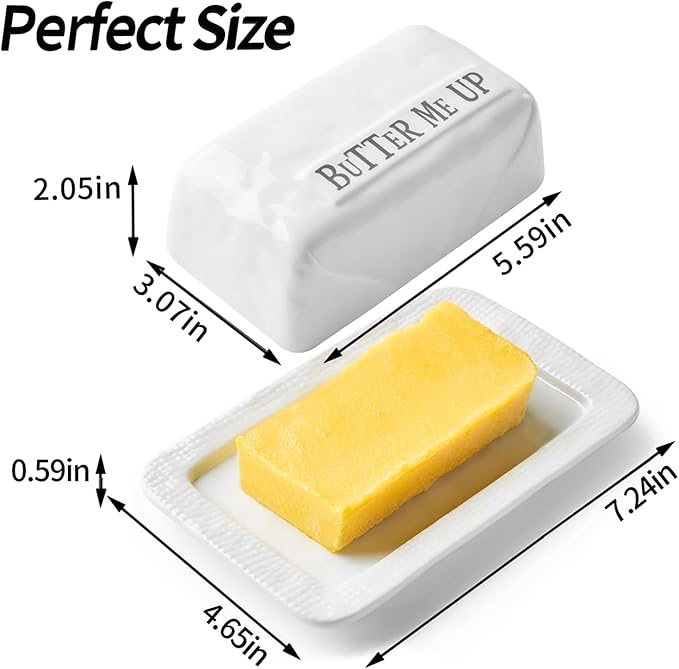 Butter Dish with Lid for Countertop, 7.2" x 4.7" Ceramic Butter Keeper Container, White Butter Holder Tray for East West Coast Butter Stick, Microwave & Dishwasher Safe